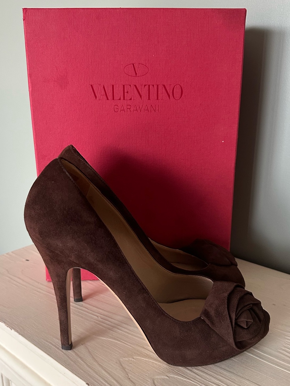 Valentino Dark Brown Suede Peep-Toe Heels with Rosette